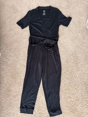 Kindred Bravely Black Short-Sleeve Wrap Jumpsuit with Tie Waist